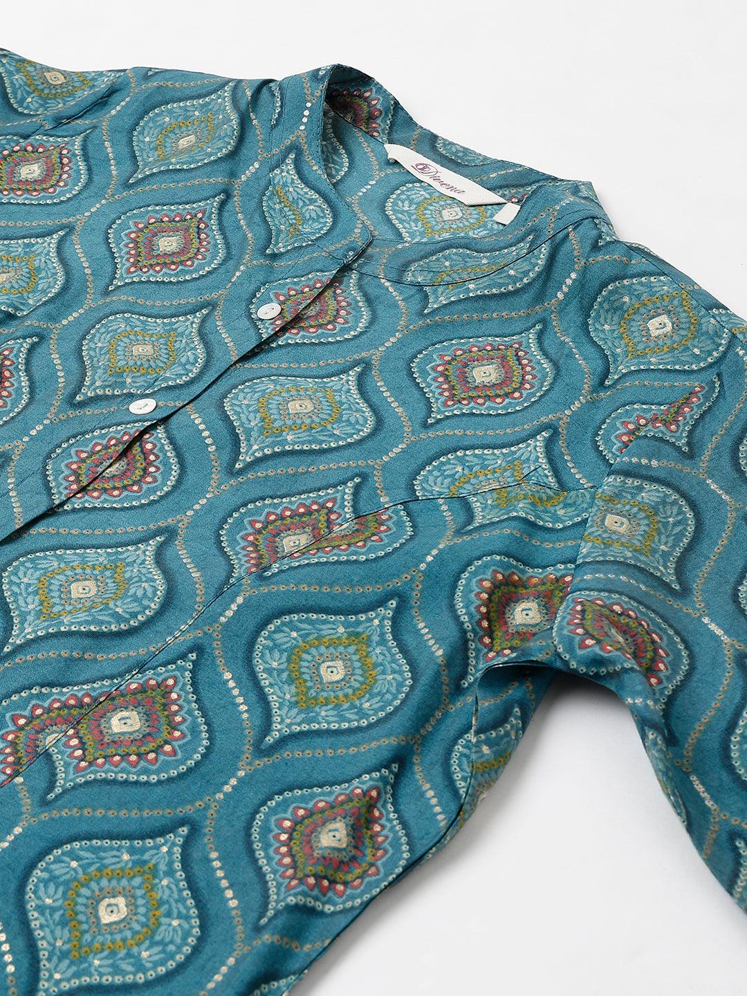 Jamal Jamaloo Teal Blue Motif Printed Modal A-Line Shirts Style Top - Jamal Jamaloo