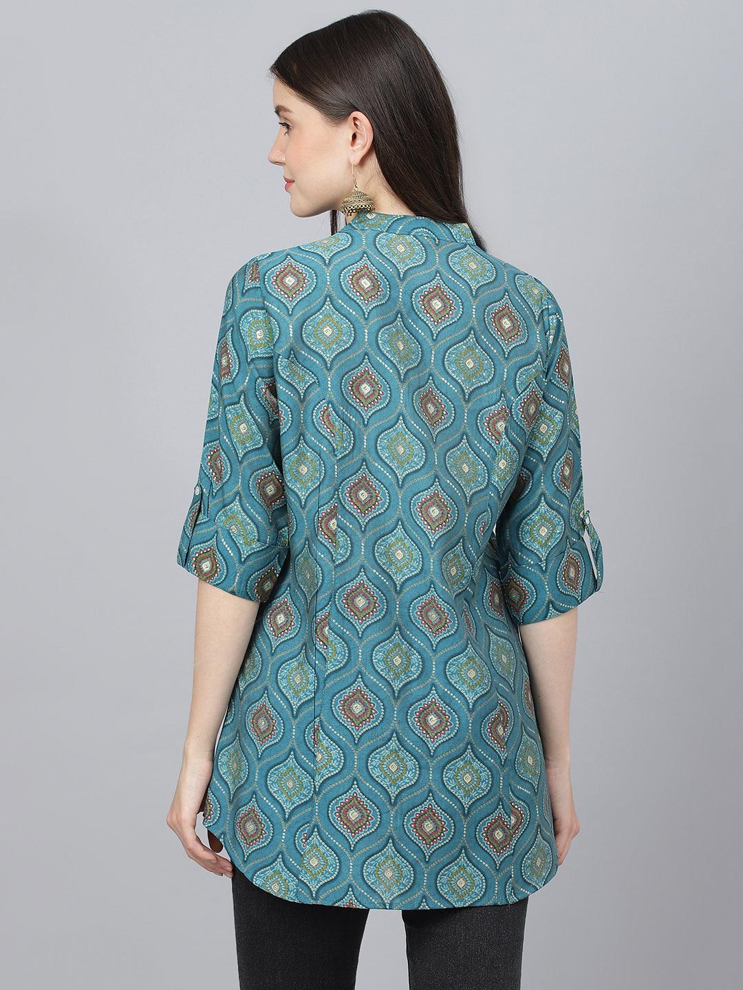 Jamal Jamaloo Teal Blue Motif Printed Modal A-Line Shirts Style Top - Jamal Jamaloo