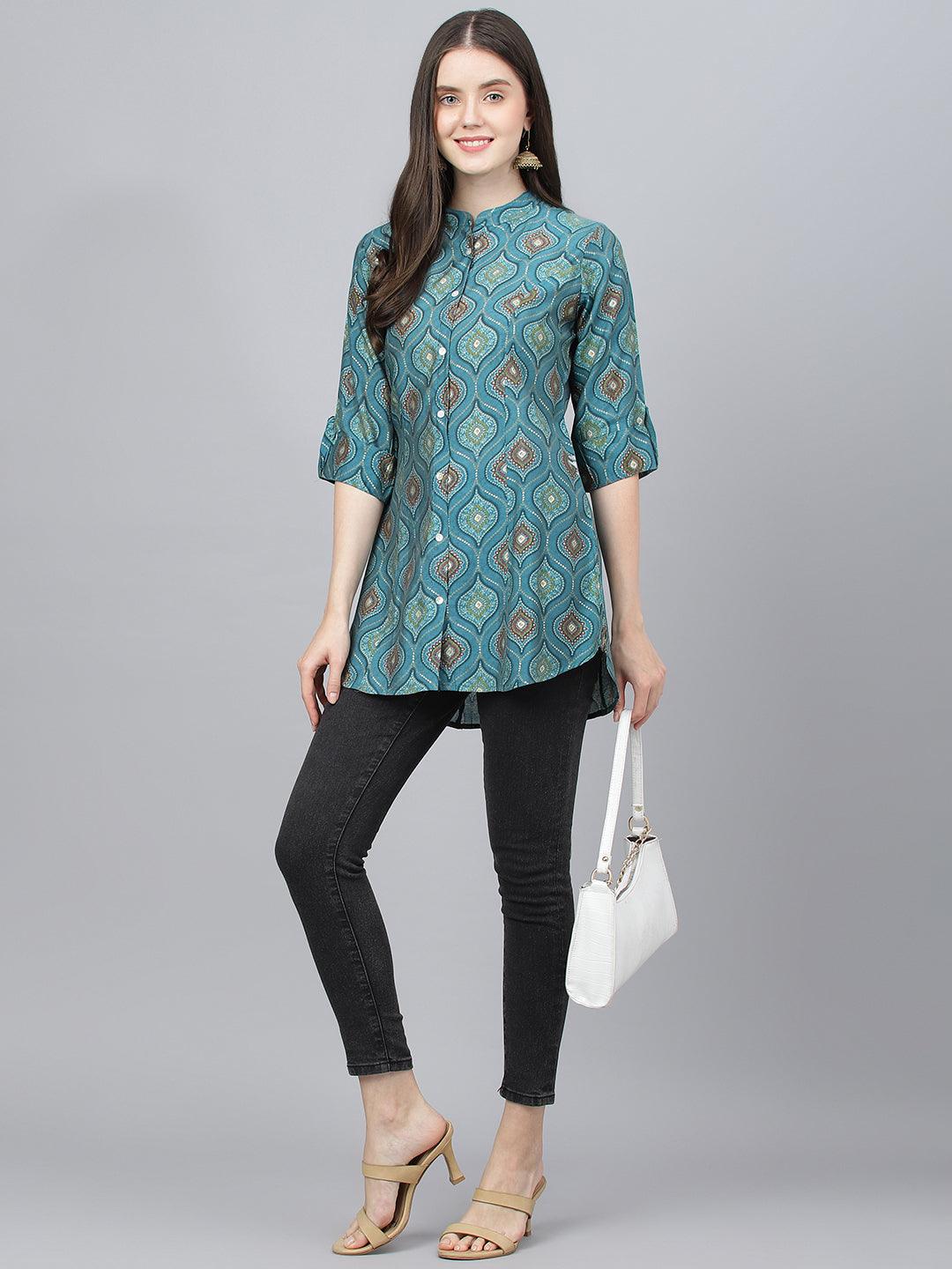 Jamal Jamaloo Teal Blue Motif Printed Modal A-Line Shirts Style Top - Jamal Jamaloo