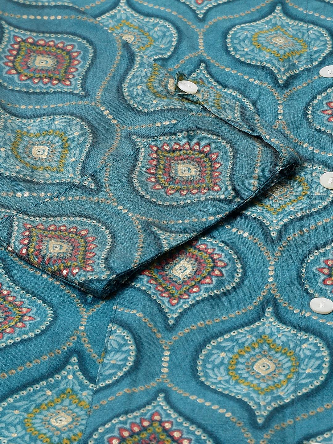 Jamal Jamaloo Teal Blue Motif Printed Modal A-Line Shirts Style Top - Jamal Jamaloo