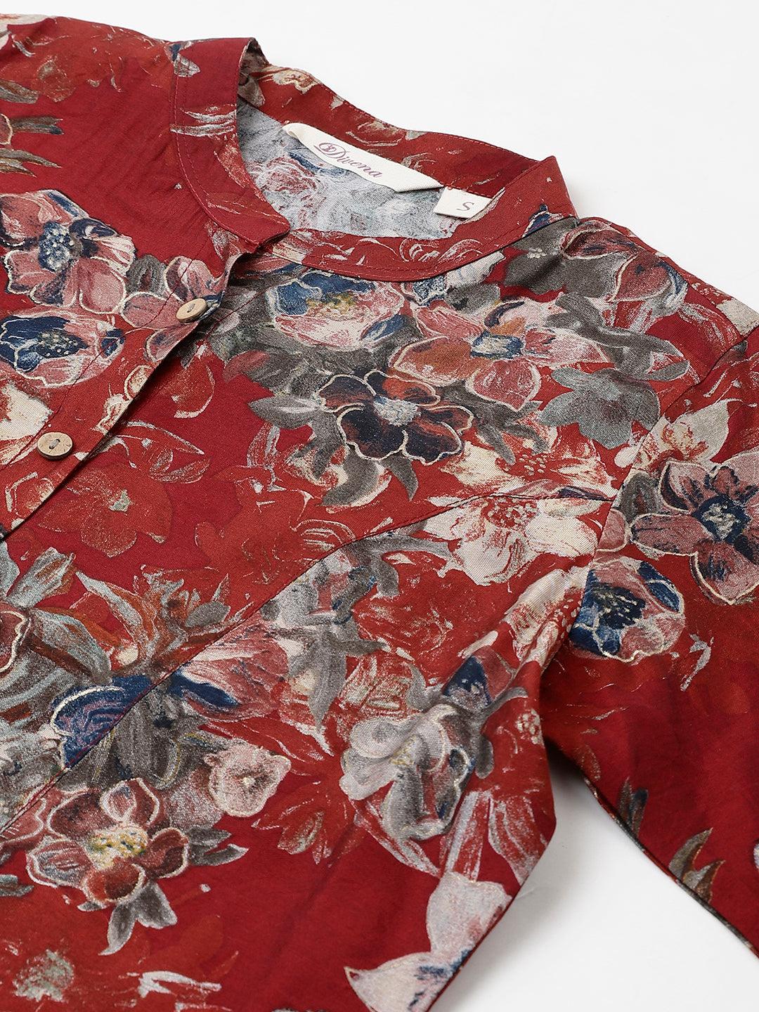 Jamal Jamaloo Maroon Floral Printed Modal A-Line Shirts Style Top - Jamal Jamaloo