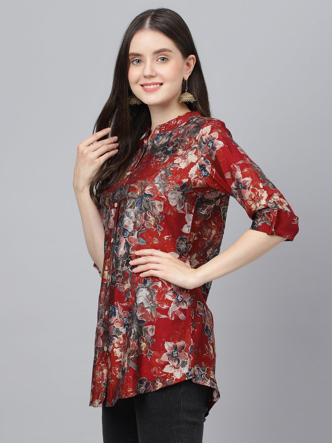 Jamal Jamaloo Maroon Floral Printed Modal A-Line Shirts Style Top - Jamal Jamaloo
