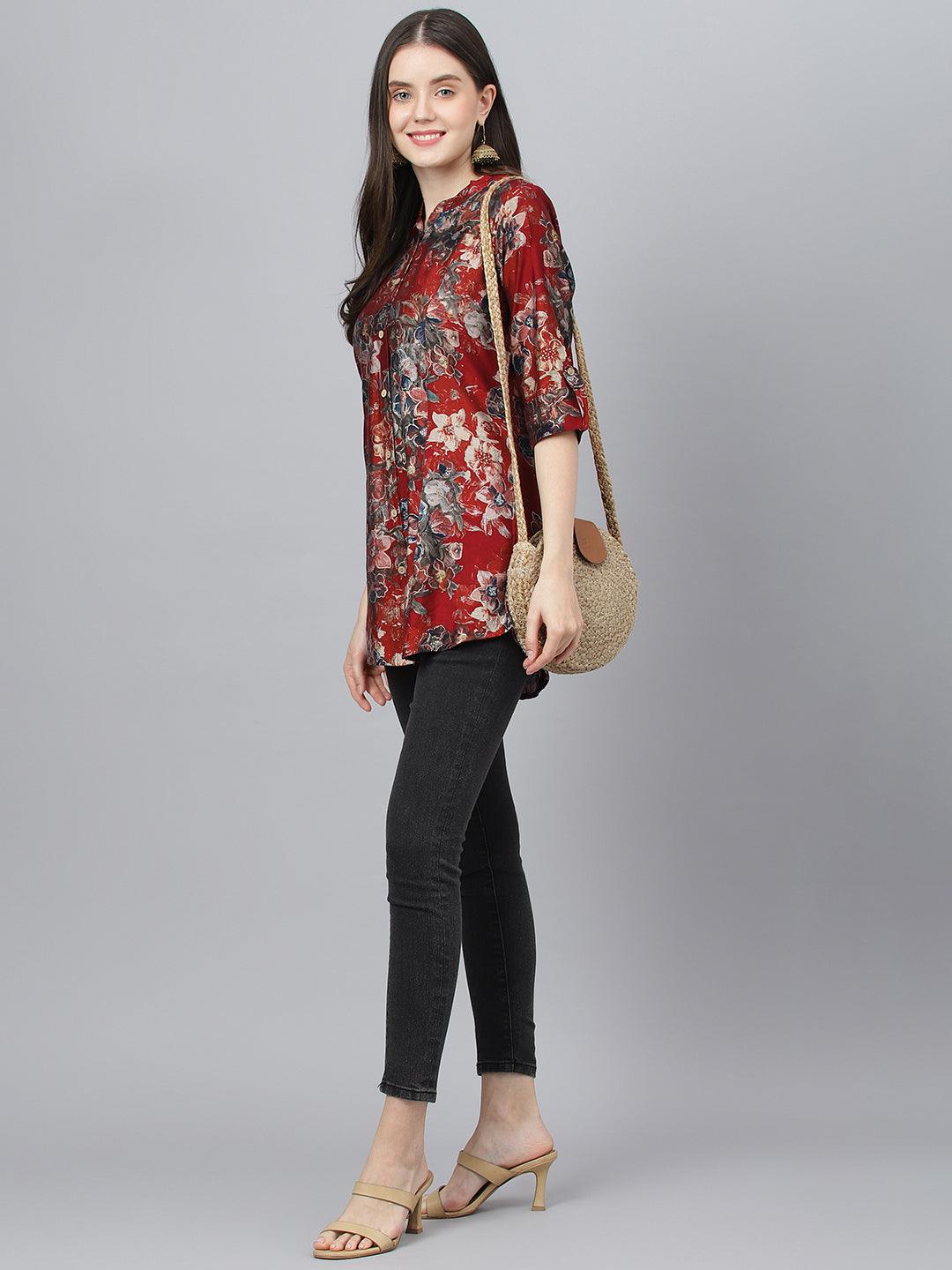 Jamal Jamaloo Maroon Floral Printed Modal A-Line Shirts Style Top - Jamal Jamaloo