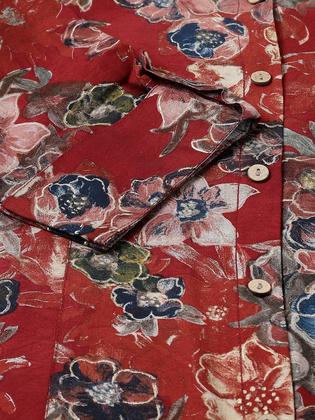 Jamal Jamaloo Maroon Floral Printed Modal A-Line Shirts Style Top - Jamal Jamaloo