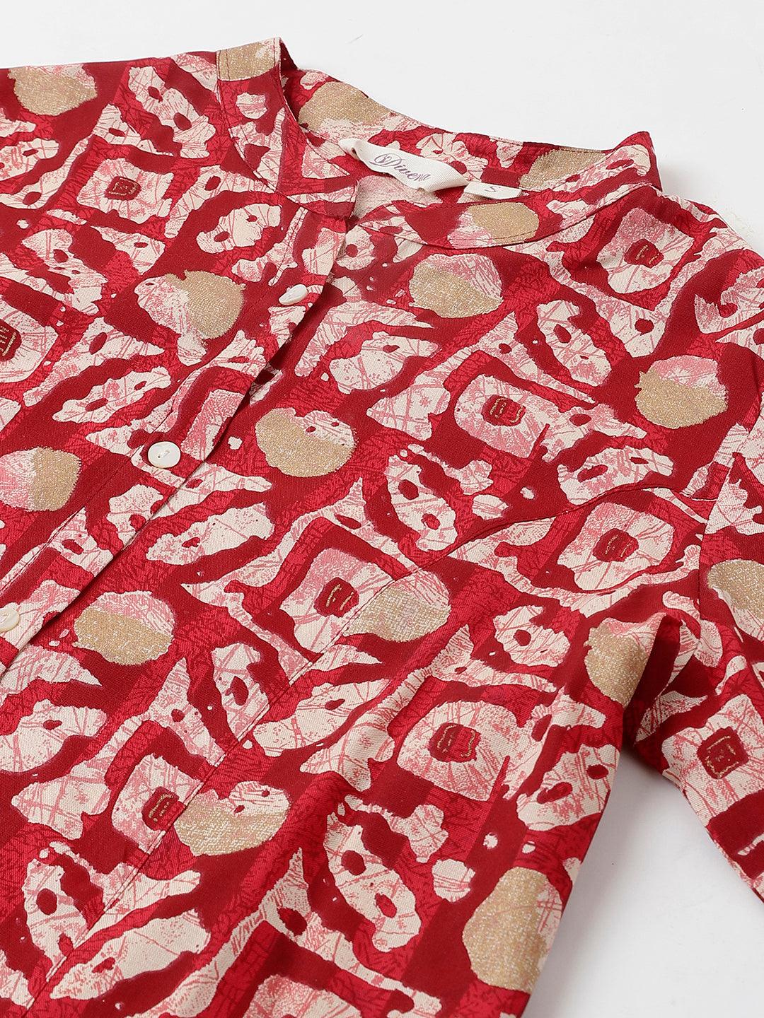 Jamal Jamaloo Red Abstract printed Rayon A-line Shirts Style Top - Jamal Jamaloo