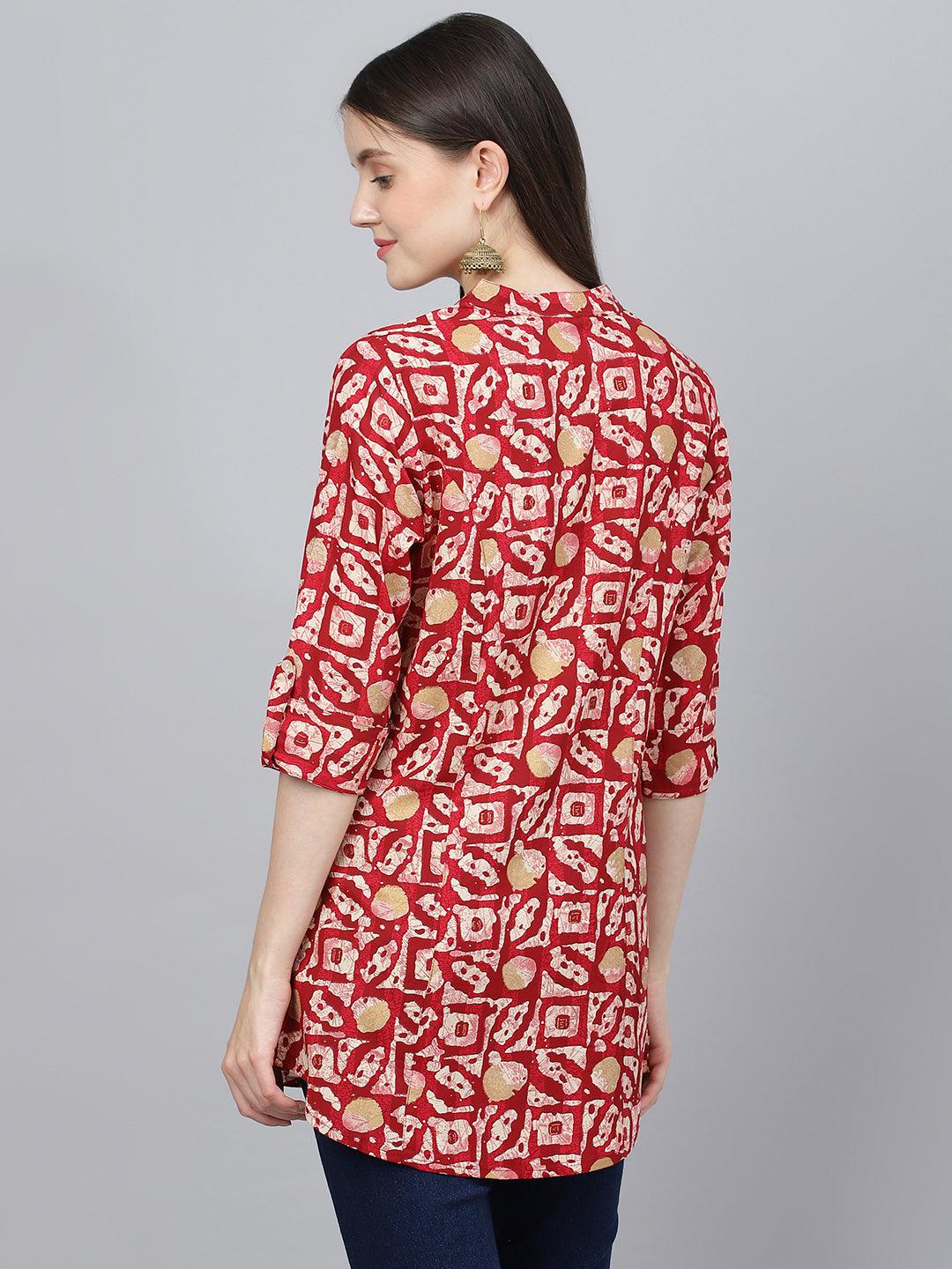 Jamal Jamaloo Red Abstract printed Rayon A-line Shirts Style Top - Jamal Jamaloo