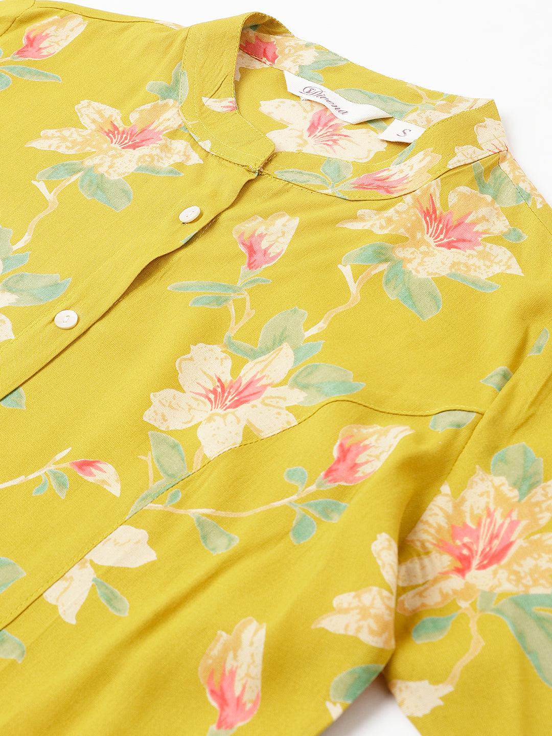 Jamal Jamaloo Yellow Floral printed Rayon A-line Shirts Style Top - Jamal Jamaloo