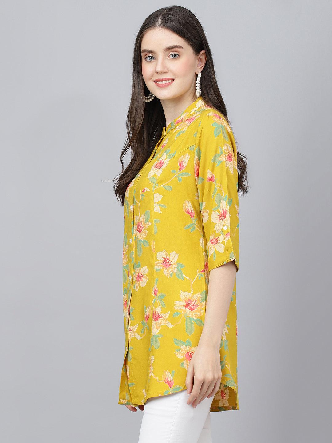 Jamal Jamaloo Yellow Floral printed Rayon A-line Shirts Style Top - Jamal Jamaloo