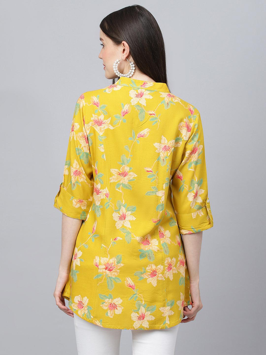 Jamal Jamaloo Yellow Floral printed Rayon A-line Shirts Style Top - Jamal Jamaloo