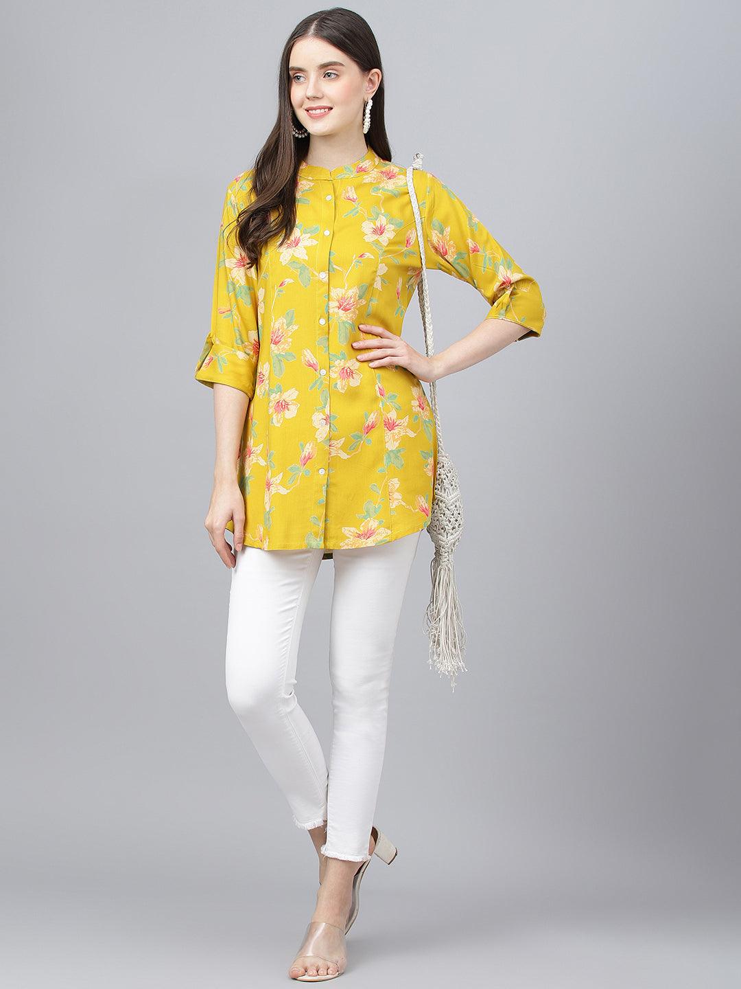 Jamal Jamaloo Yellow Floral printed Rayon A-line Shirts Style Top - Jamal Jamaloo