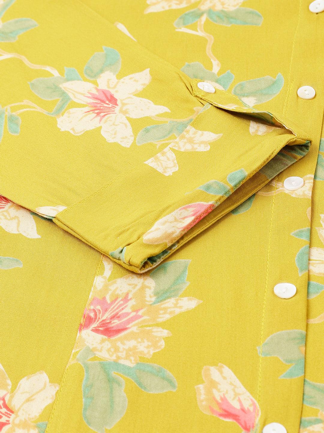 Jamal Jamaloo Yellow Floral printed Rayon A-line Shirts Style Top - Jamal Jamaloo