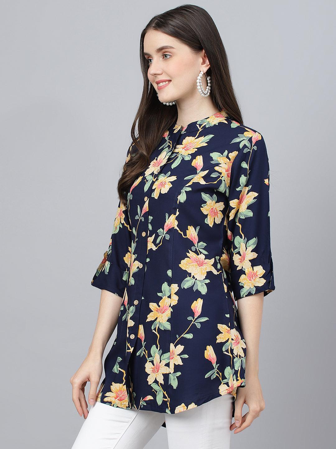 Jamal Jamaloo Navy Blue Floral printed Rayon A-line Shirts Style Top - Jamal Jamaloo