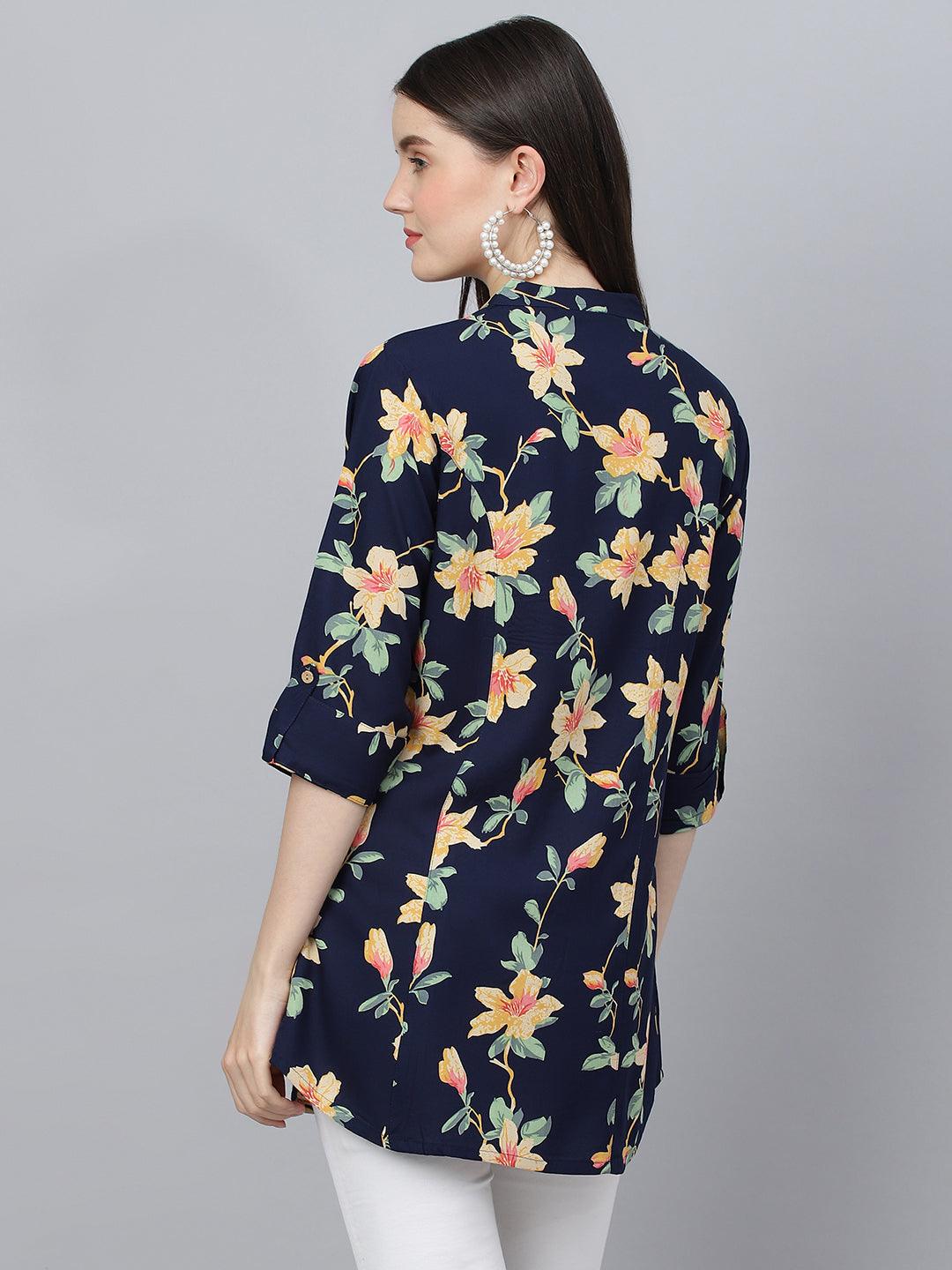 Jamal Jamaloo Navy Blue Floral printed Rayon A-line Shirts Style Top - Jamal Jamaloo