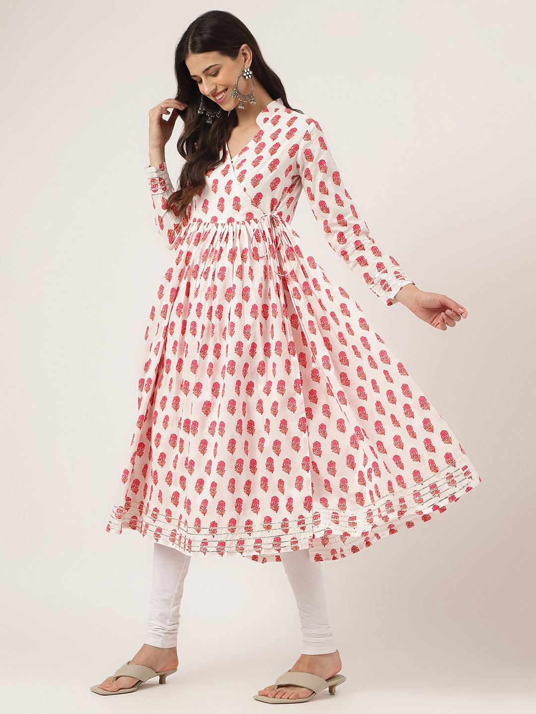 Jamal Jamaloo White and Red Floral Printed Angarakha Kurta - Jamal Jamaloo
