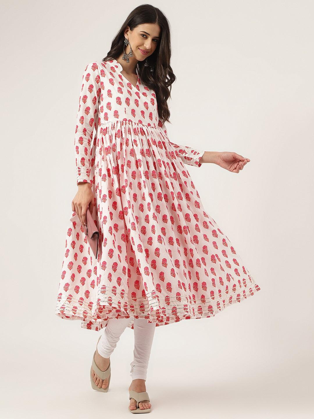 Jamal Jamaloo White and Red Floral Printed Angarakha Kurta - Jamal Jamaloo