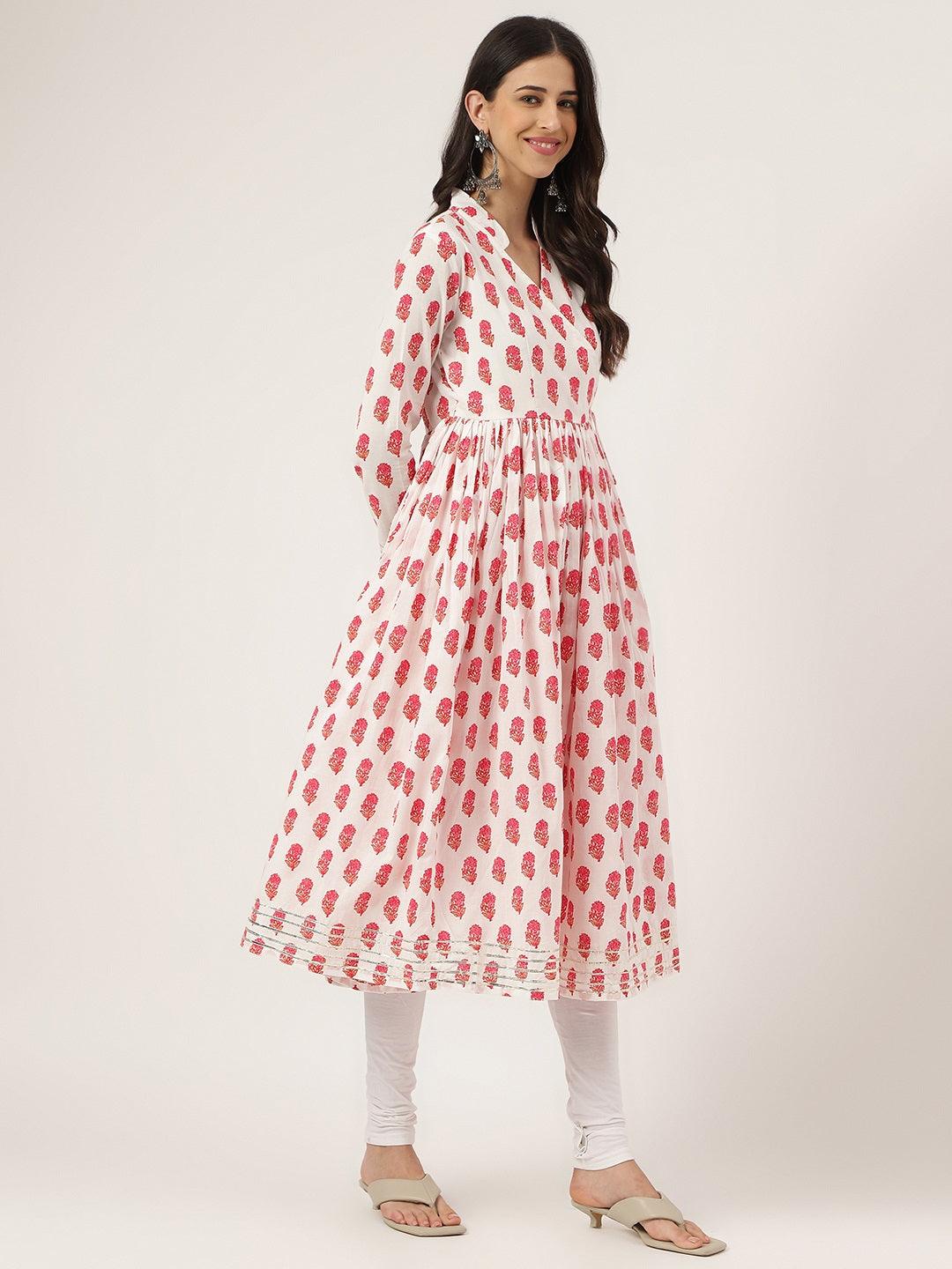 Jamal Jamaloo White and Red Floral Printed Angarakha Kurta - Jamal Jamaloo