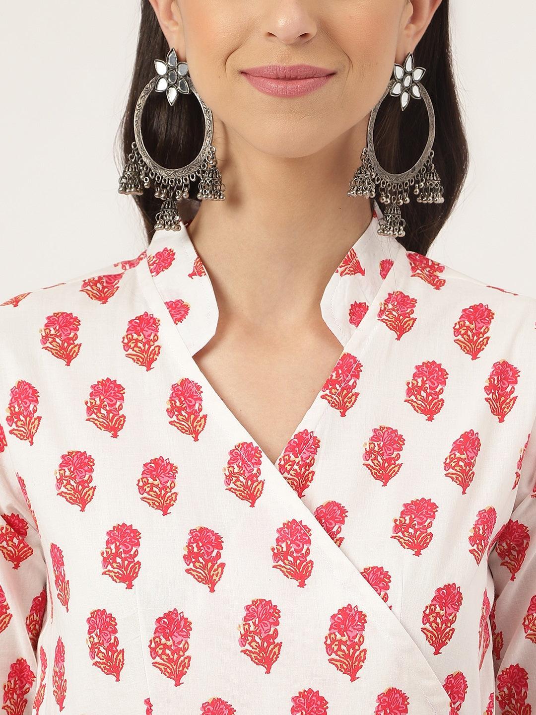 Jamal Jamaloo White and Red Floral Printed Angarakha Kurta - Jamal Jamaloo