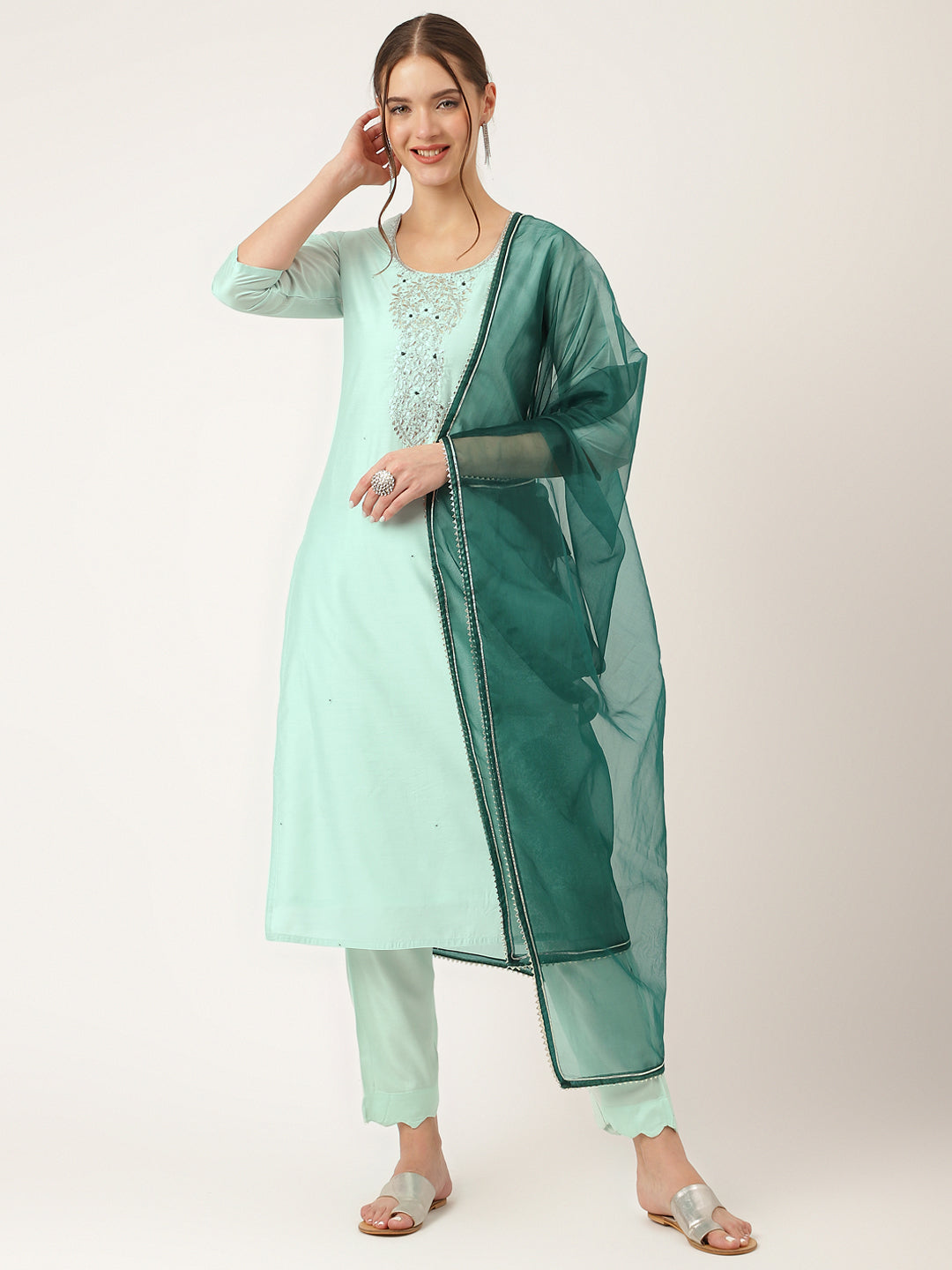 Sea Green Embroidered Chanderi Kurta, Trouser With Dupatta