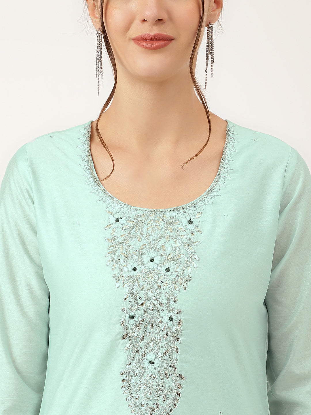 Sea Green Embroidered Chanderi Kurta, Trouser With Dupatta