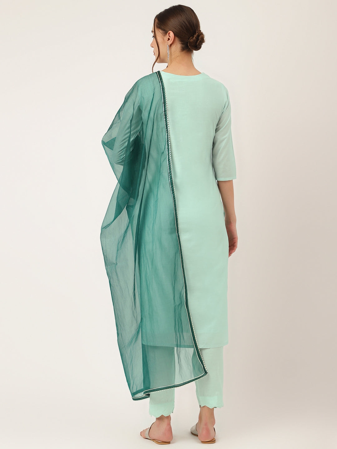 Sea Green Embroidered Chanderi Kurta, Trouser With Dupatta