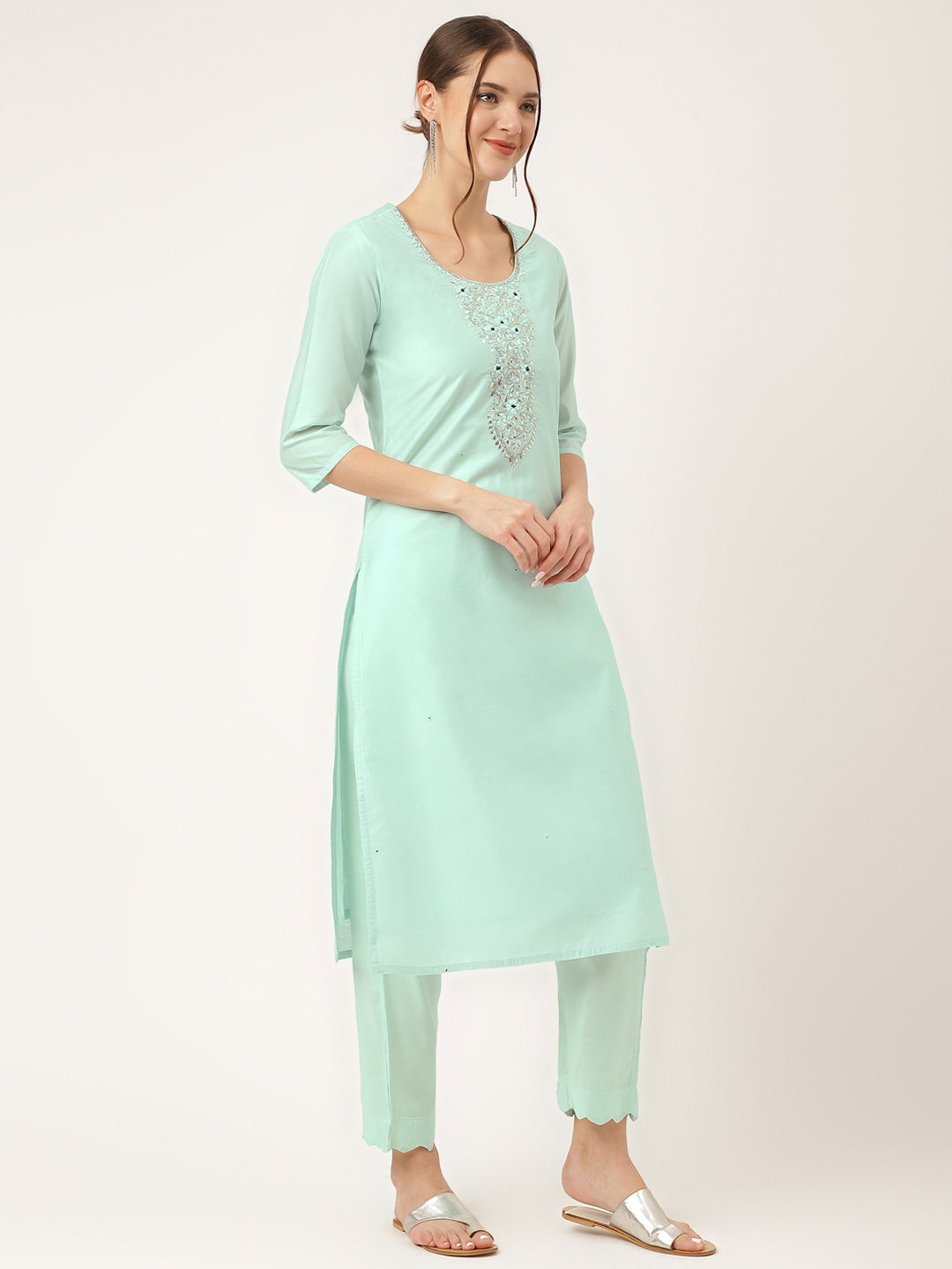 Sea Green Embroidered Chanderi Kurta, Trouser With Dupatta
