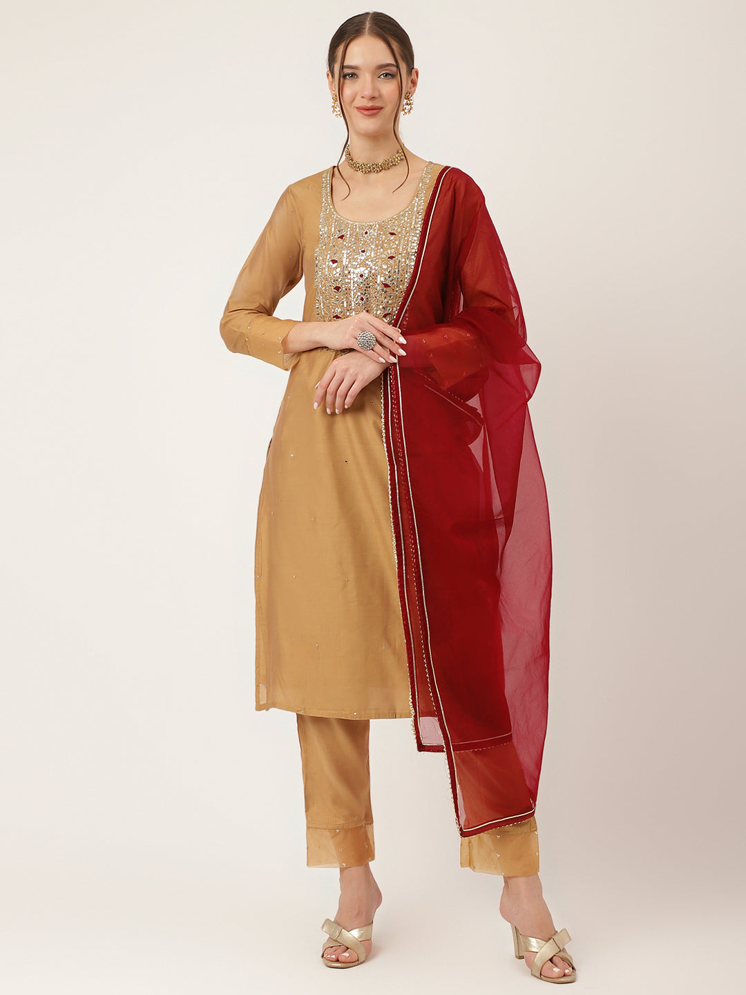 Brown Embroidered Chanderi Kurta, Trouser With Dupatta