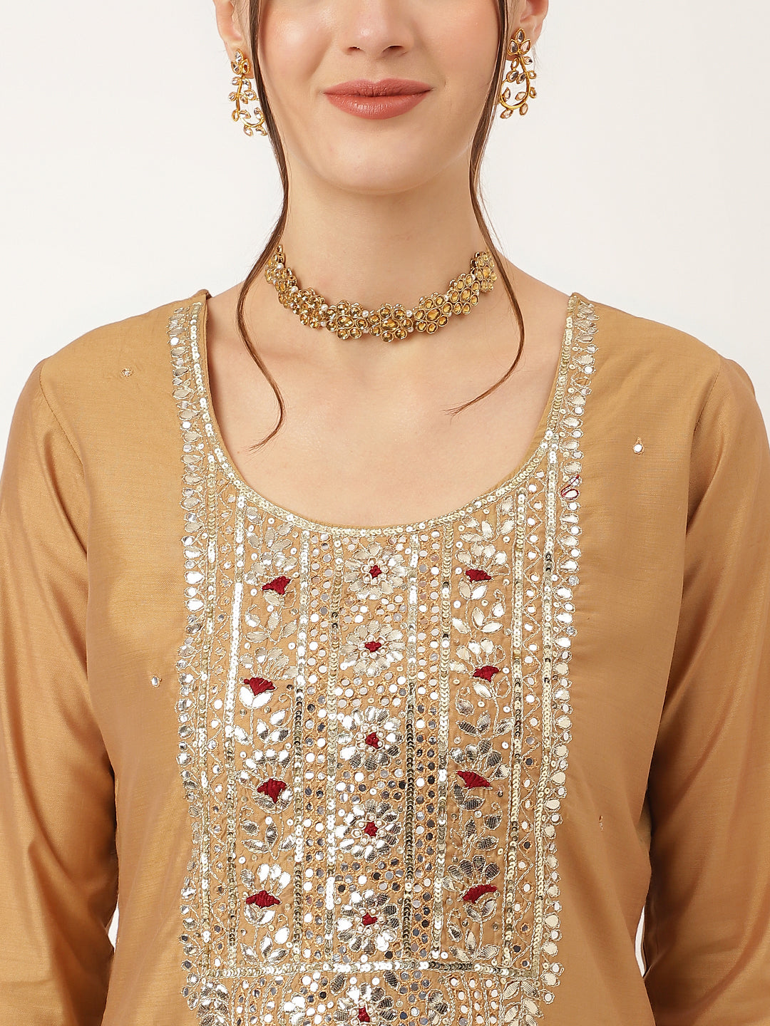 Brown Embroidered Chanderi Kurta, Trouser With Dupatta