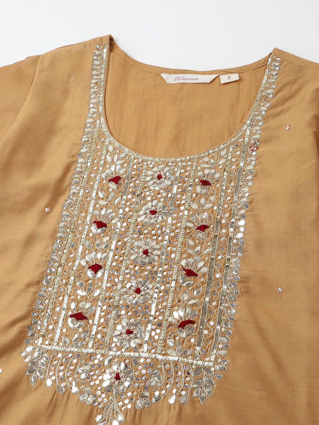 Brown Embroidered Chanderi Kurta, Trouser With Dupatta