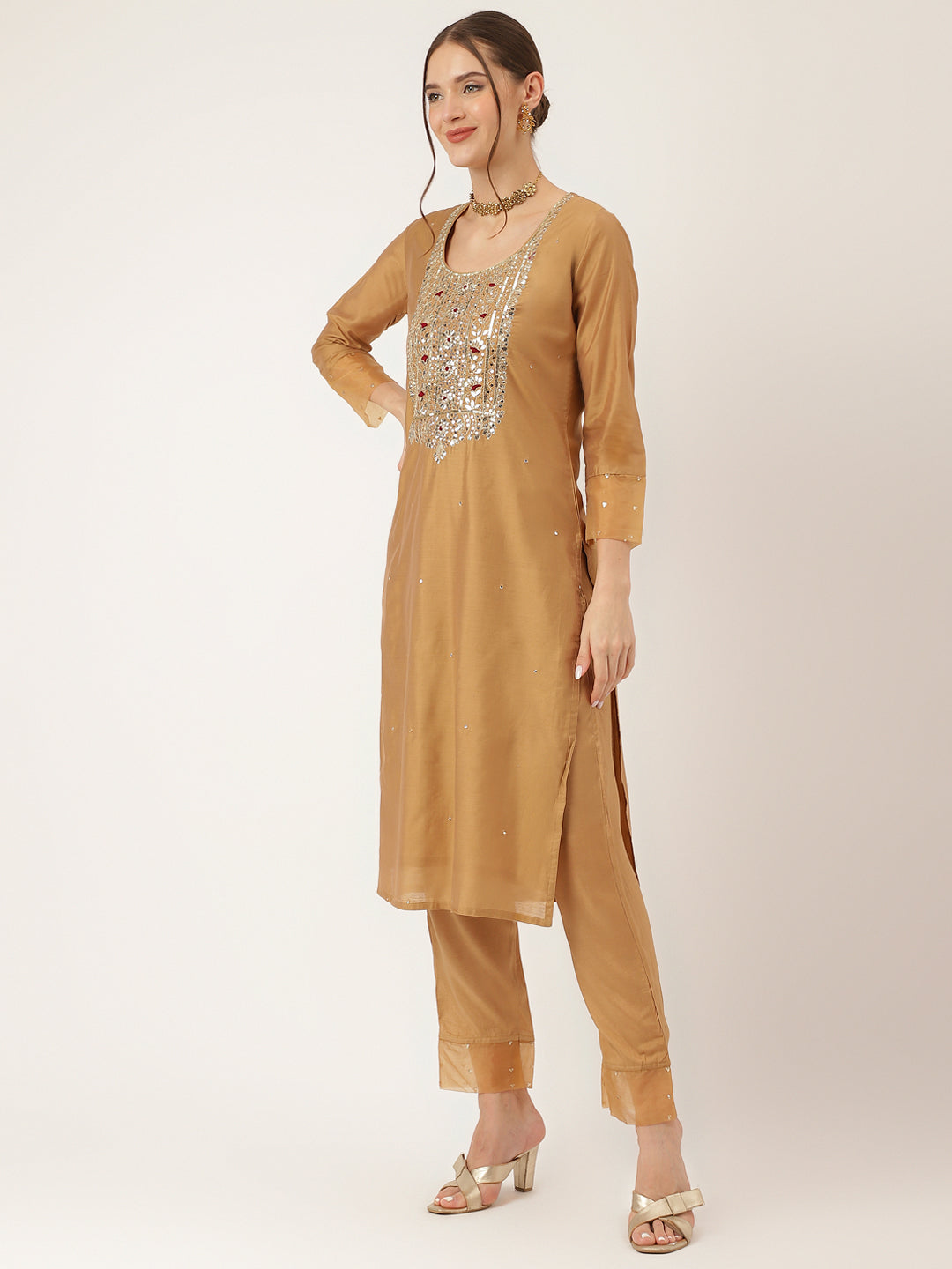 Brown Embroidered Chanderi Kurta, Trouser With Dupatta