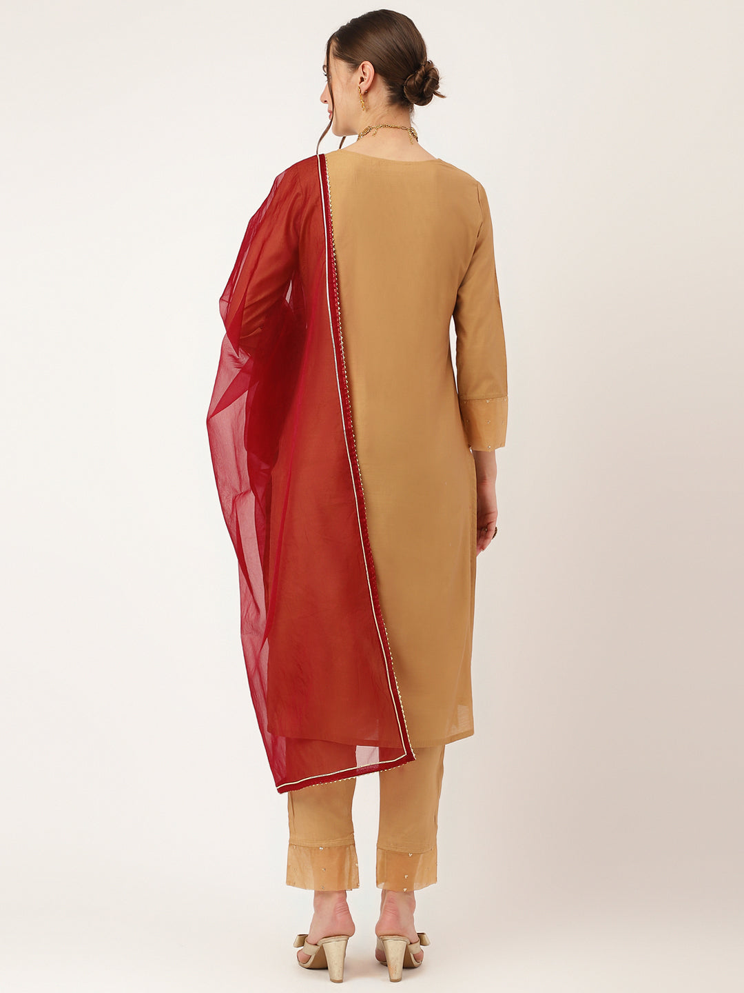 Brown Embroidered Chanderi Kurta, Trouser With Dupatta