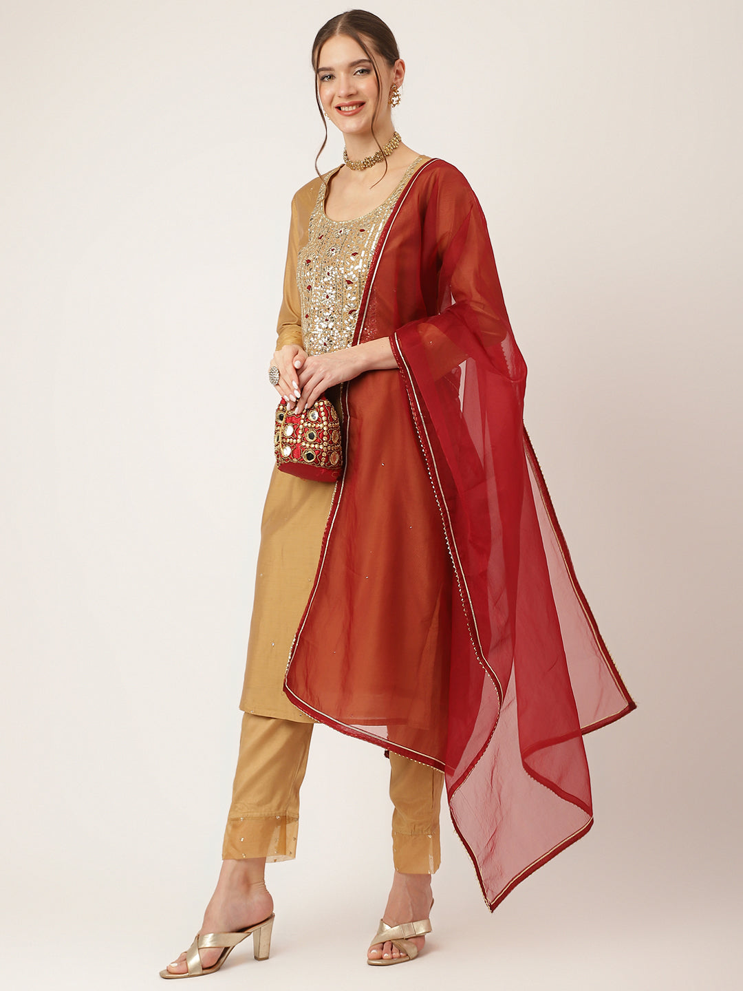 Brown Embroidered Chanderi Kurta, Trouser With Dupatta
