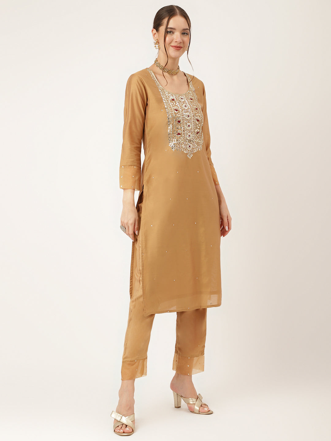 Brown Embroidered Chanderi Kurta, Trouser With Dupatta