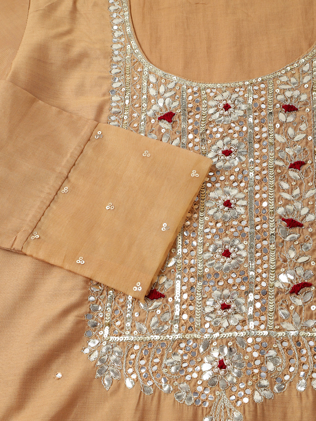 Brown Embroidered Chanderi Kurta, Trouser With Dupatta