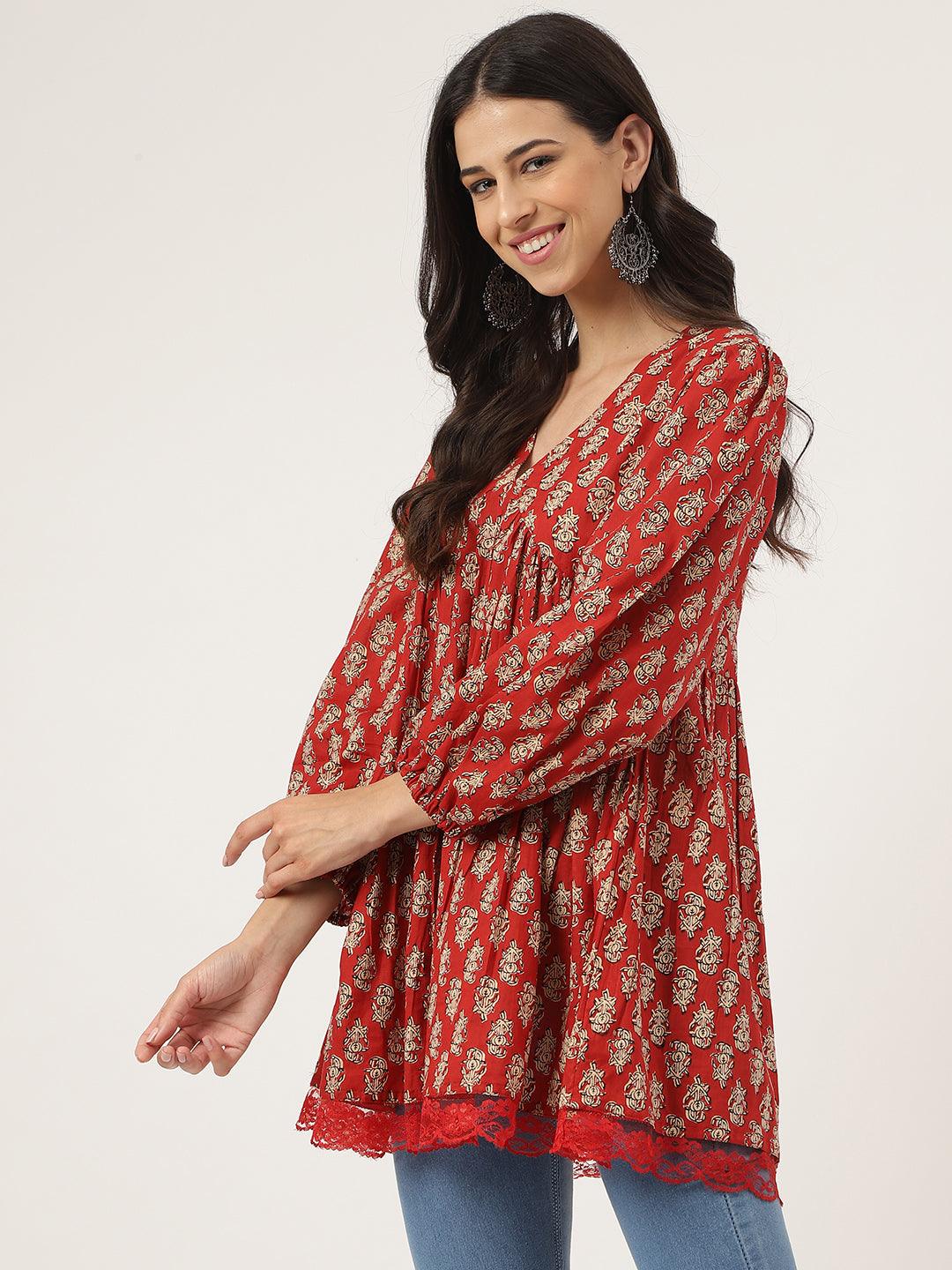 Jamal Jamaloo Red Floral Cotton Pemplum Style Top - Jamal Jamaloo