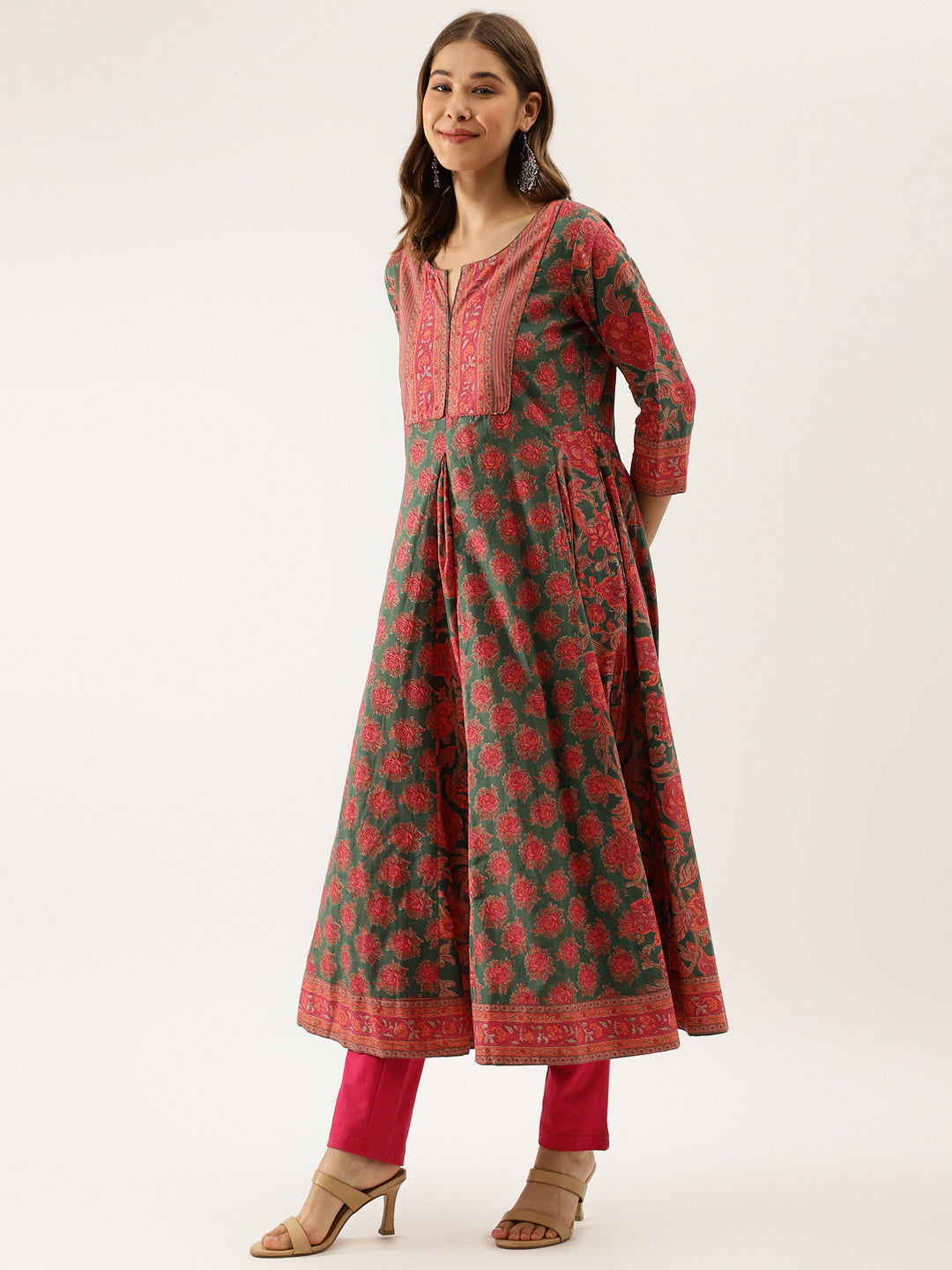 Green Floral Printed Flared Kurta Dress for Women