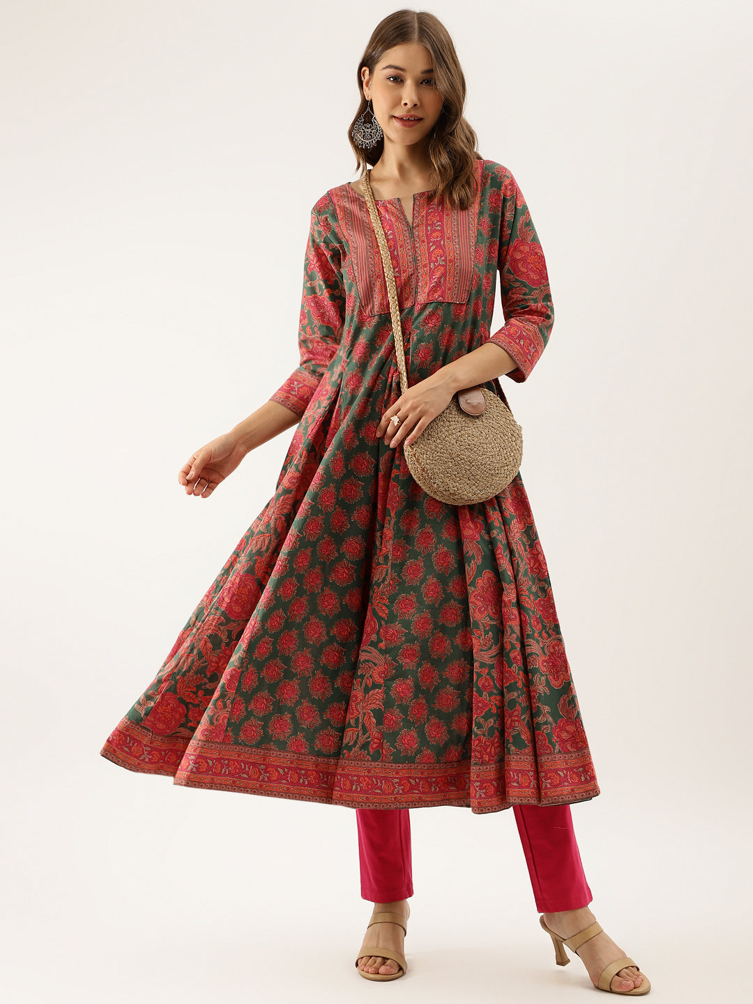 Green Floral Printed Flared Kurta Dress for Women