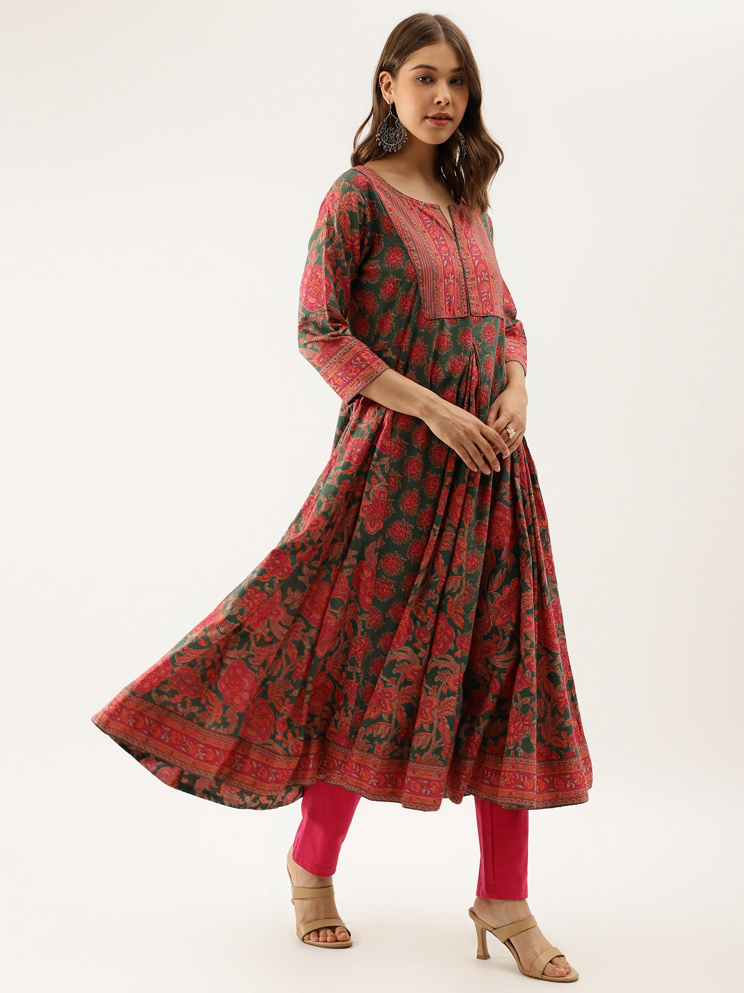 Green Floral Printed Flared Kurta Dress for Women
