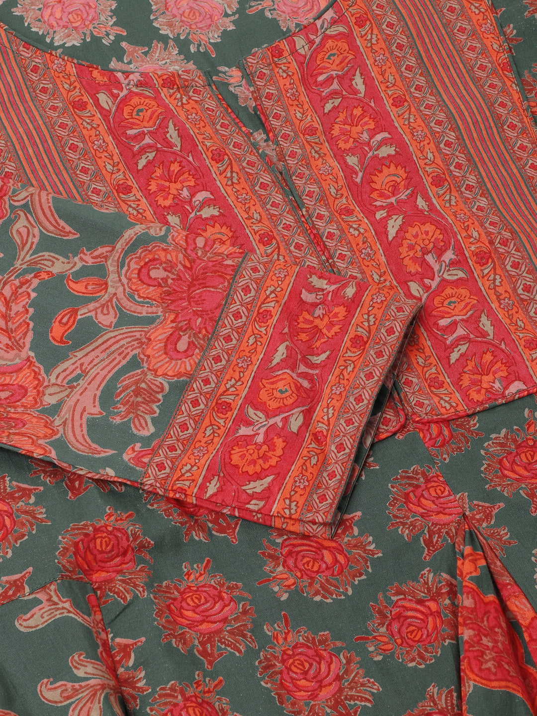 Green Floral Printed Flared Kurta Dress for Women