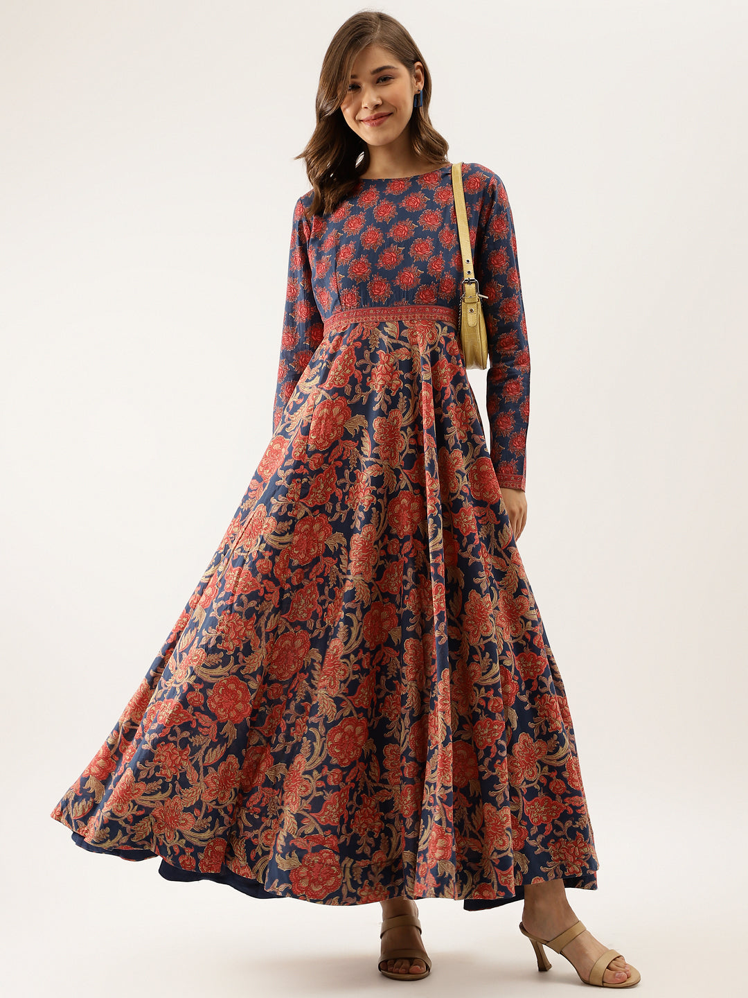 Blue Maroon Floral Printed Cotton Ethnic Long Kurta for Women