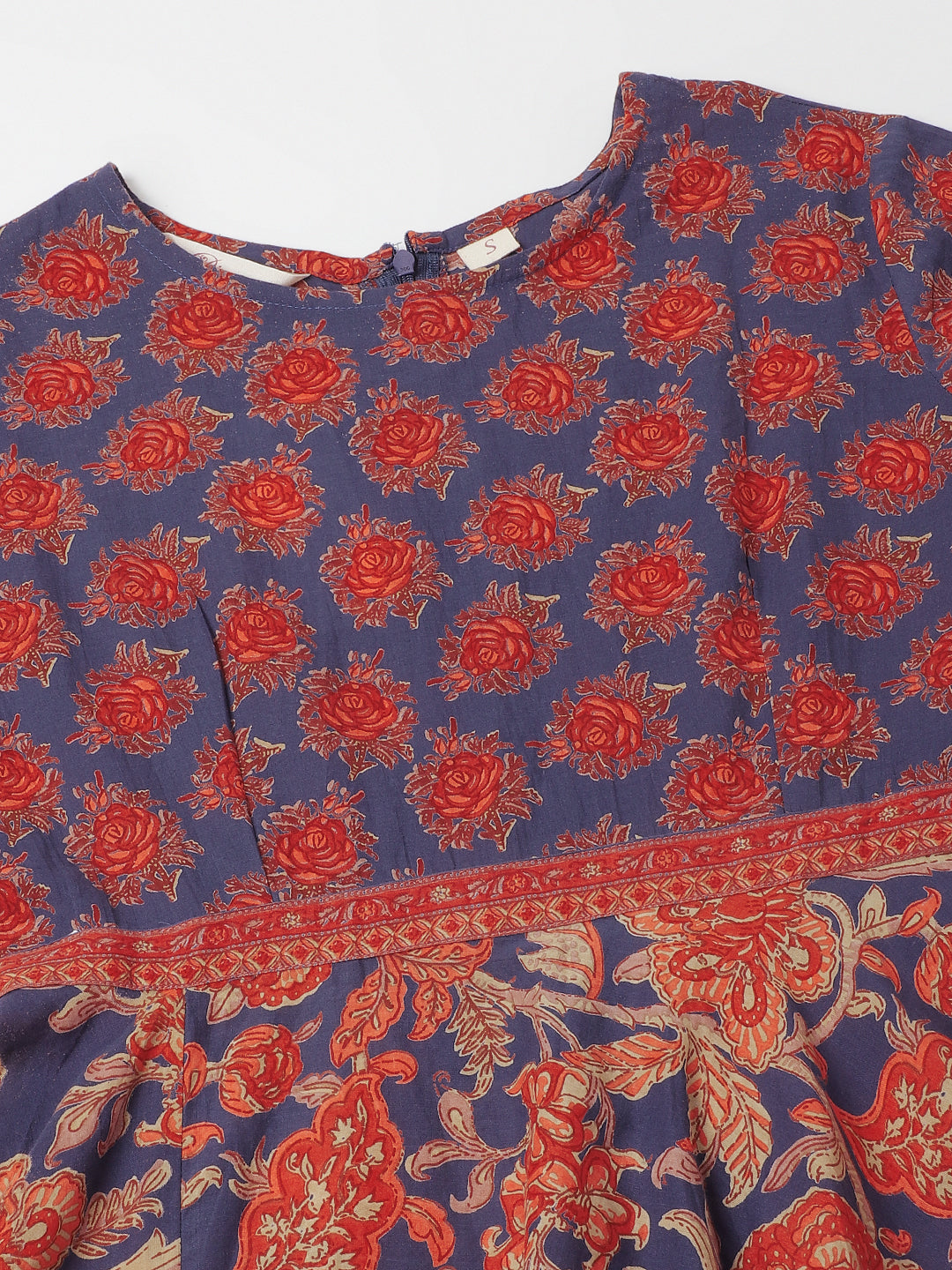 Blue Maroon Floral Printed Cotton Ethnic Long Kurta for Women