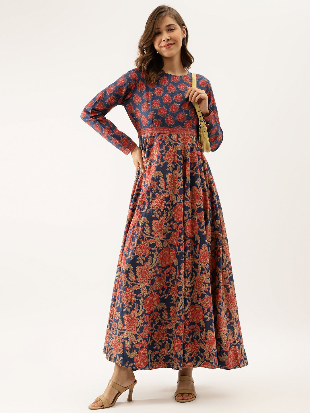 Blue Maroon Floral Printed Cotton Ethnic Long Kurta for Women