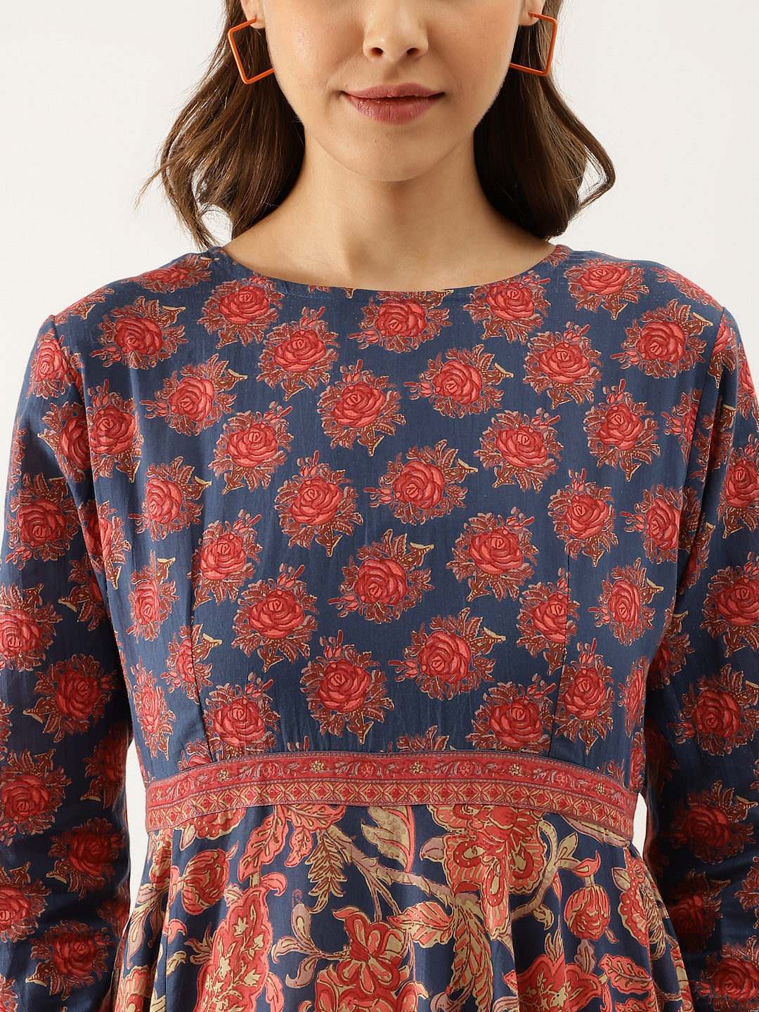 Blue Maroon Floral Printed Cotton Ethnic Long Kurta for Women