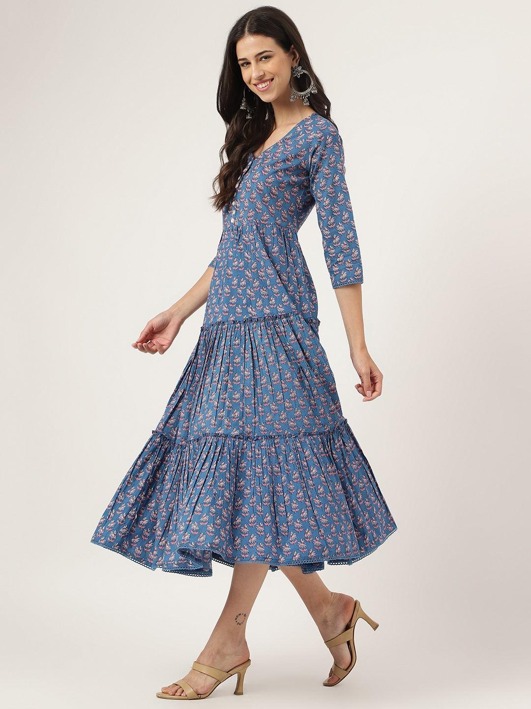 Jamal Jamaloo Blue Floral Printed Long dress - Jamal Jamaloo