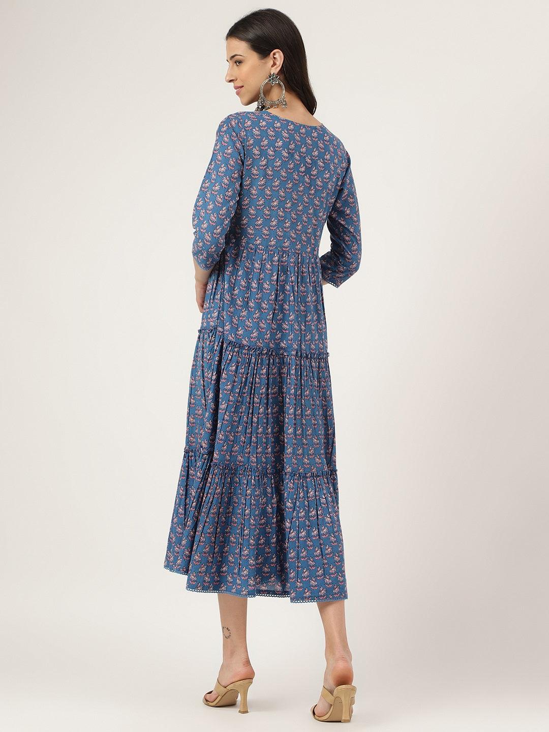 Jamal Jamaloo Blue Floral Printed Long dress - Jamal Jamaloo