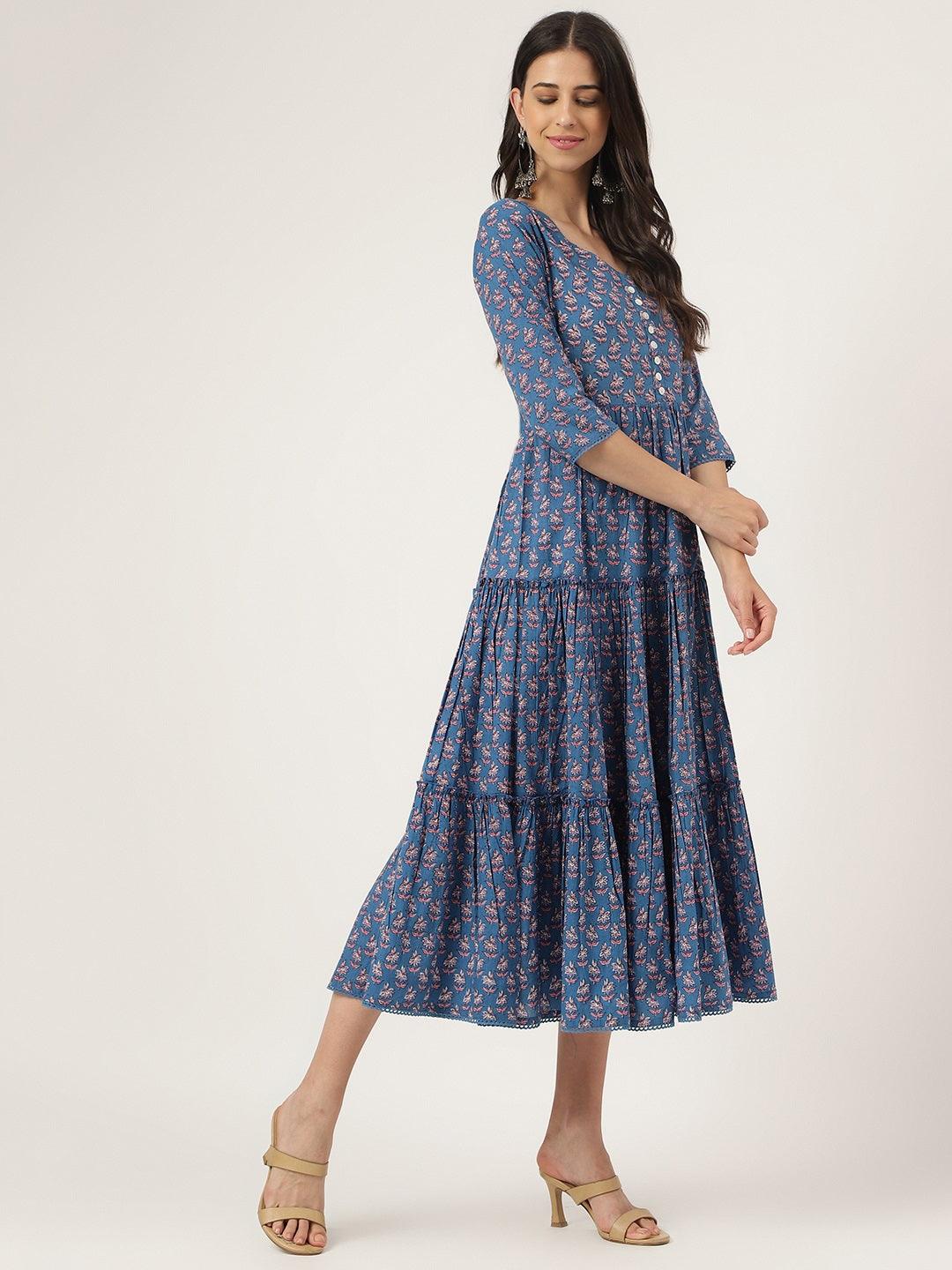 Jamal Jamaloo Blue Floral Printed Long dress - Jamal Jamaloo