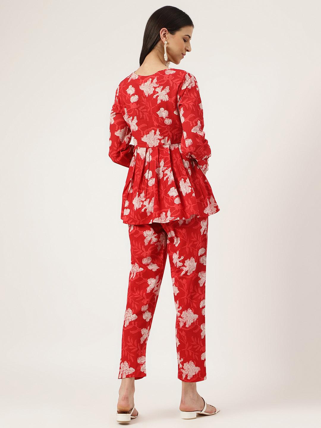 Jamal Jamaloo Red Cotton Peplum Top Pant Co-ords Sets - Jamal Jamaloo