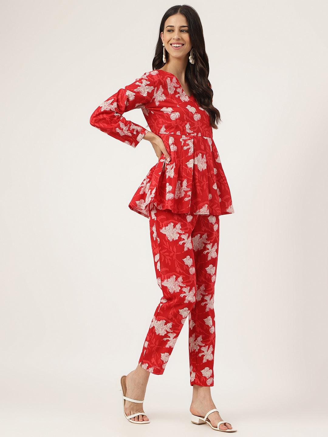 Jamal Jamaloo Red Cotton Peplum Top Pant Co-ords Sets - Jamal Jamaloo