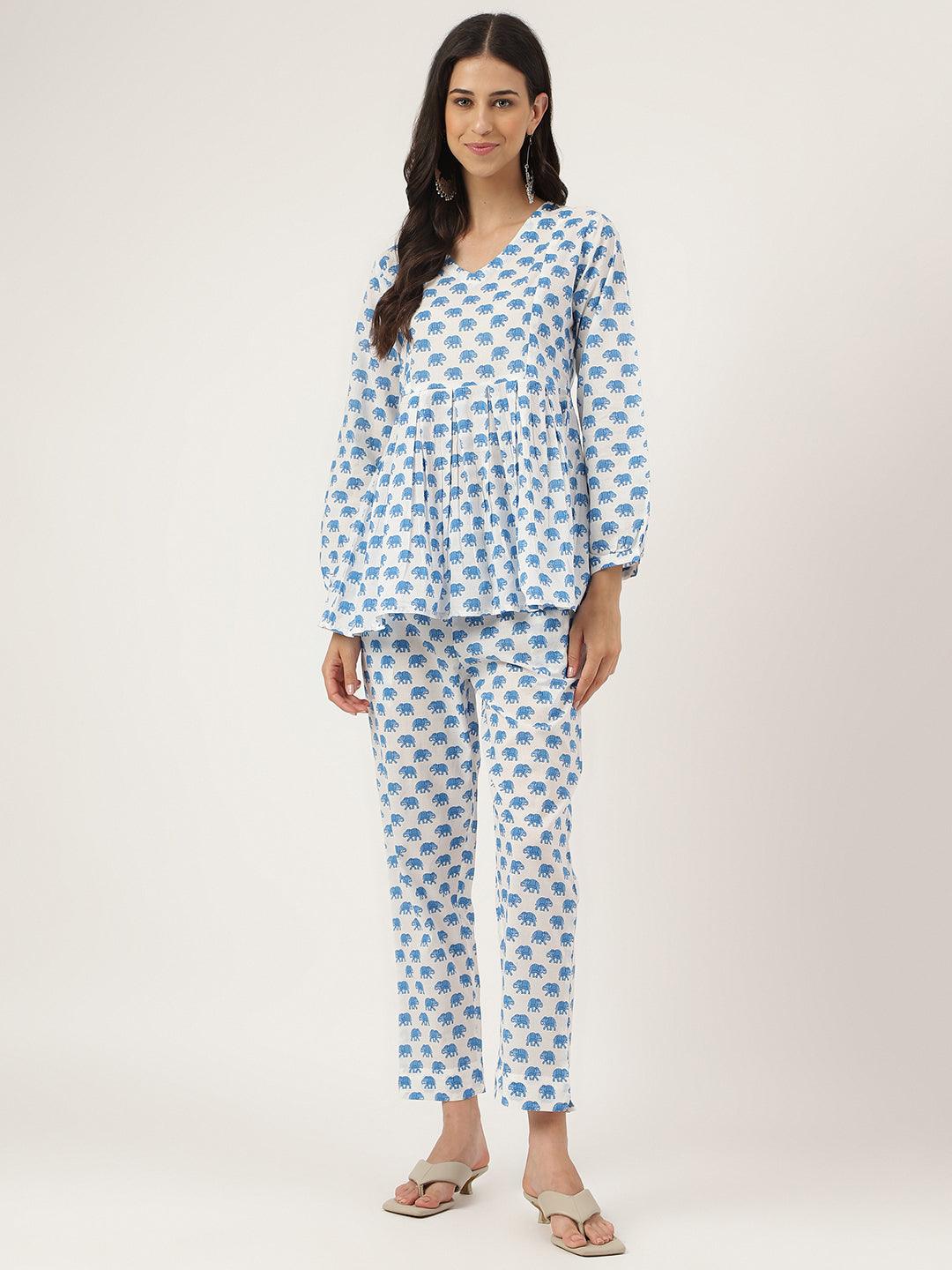 Jamal Jamaloo White Animal Printed Cotton Peplum Top Pant Co-ords Sets - Jamal Jamaloo