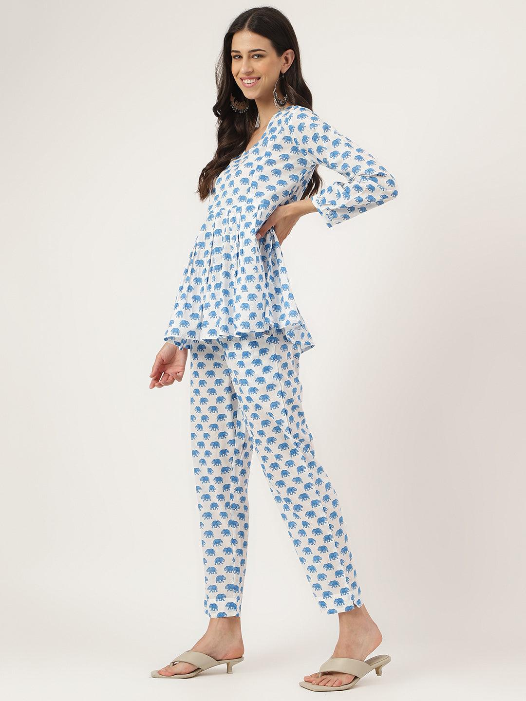 Jamal Jamaloo White Animal Printed Cotton Peplum Top Pant Co-ords Sets - Jamal Jamaloo