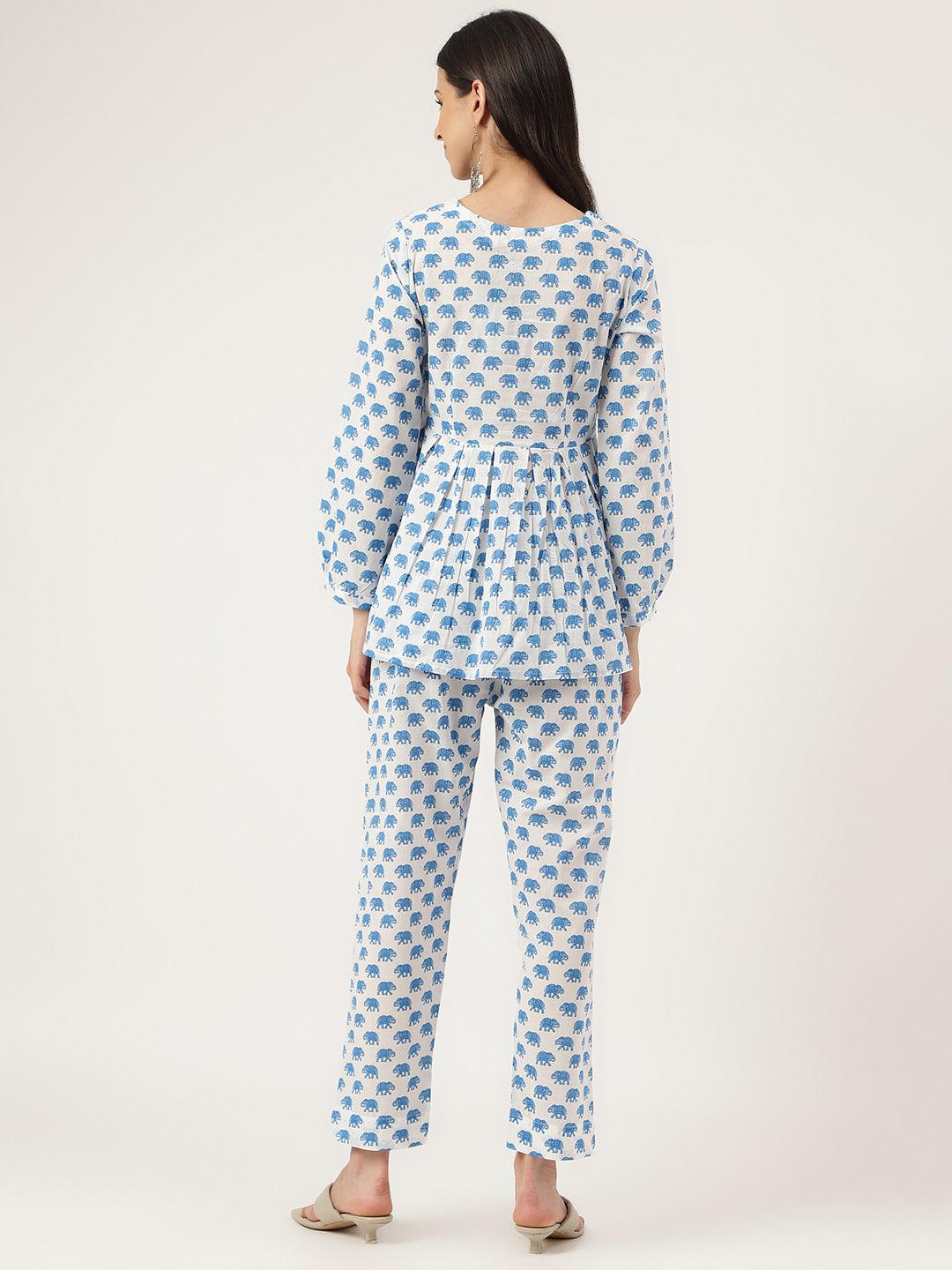 Jamal Jamaloo White Animal Printed Cotton Peplum Top Pant Co-ords Sets - Jamal Jamaloo